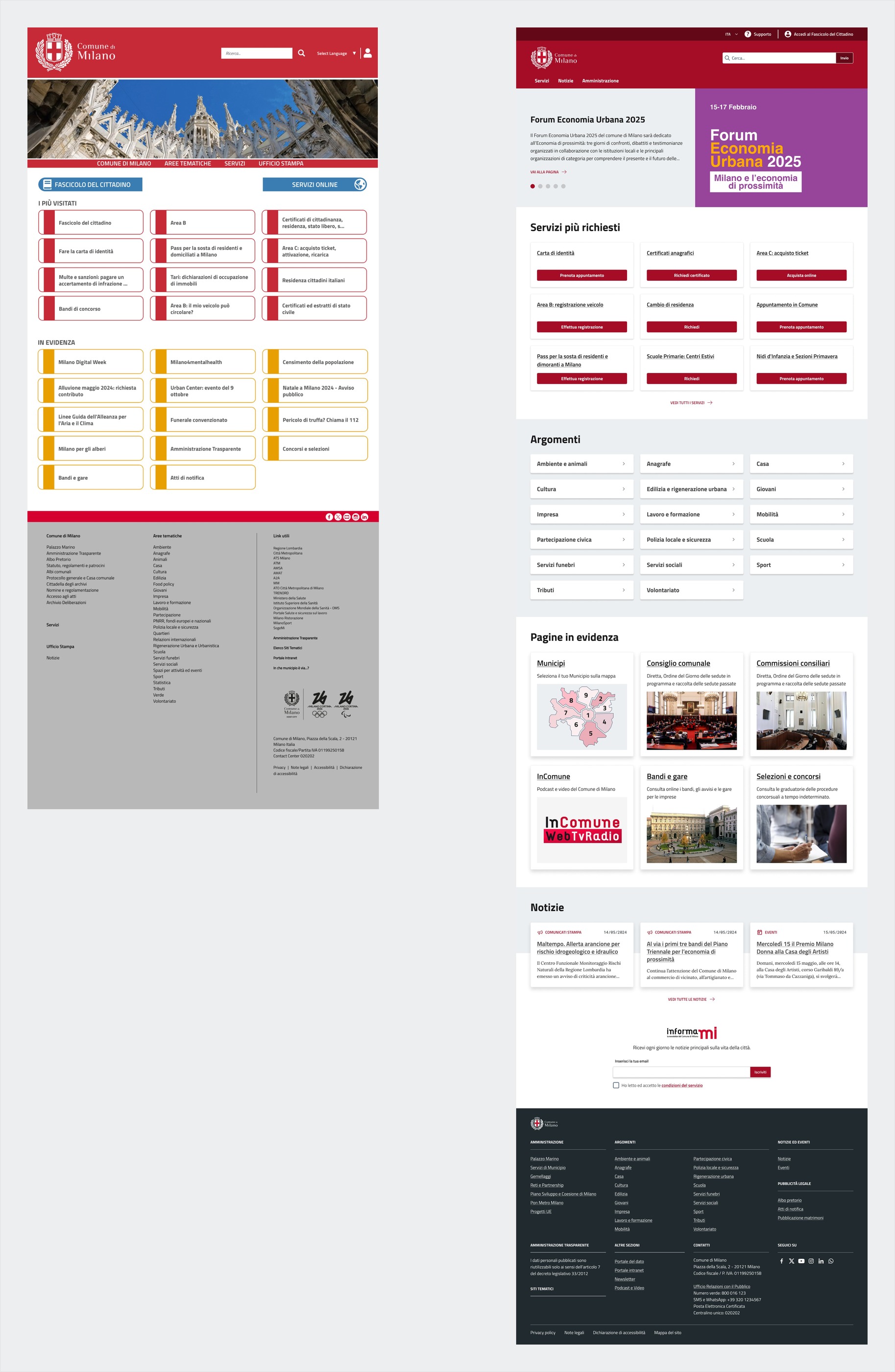 Before-and-after comparison of the City of Milan homepage: institutional news at the top before, high-demand services above the fold after.